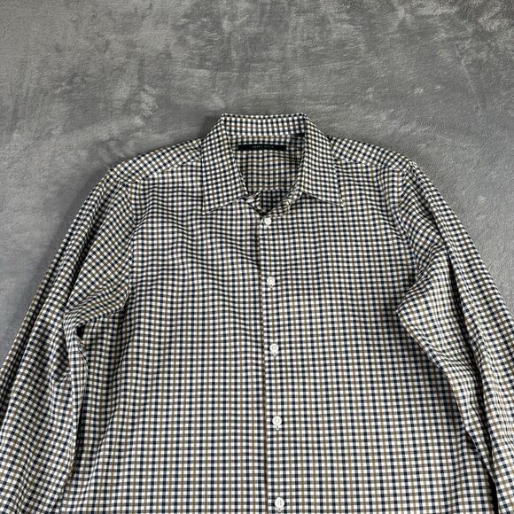 Perry Ellis Shirt Mens Medium Blue Brown‎ Check Long Sleeve 100% Cotton - Picture 4 of 12
